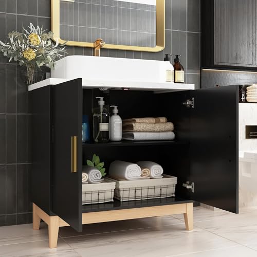 ECACAD Modern Bathroom Vanity with Vessel Sink Set, 31.6' Bathroom Vanity Storage Cabinet with Marble Grains & Adjustable Shelf, Black