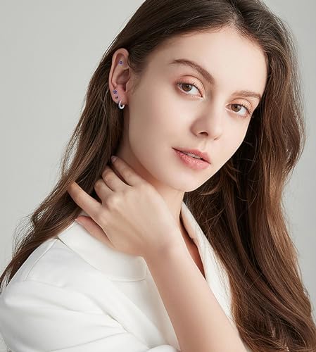Sterling Silver Stud Earrings Set for Women, Hypoallergenic 4 Pairs Cartilage Helix Flower Round Blue/Pink/Green/Purple Cubic Zirconia Stud Earrings Hoop Sets for Multiple Piercings3