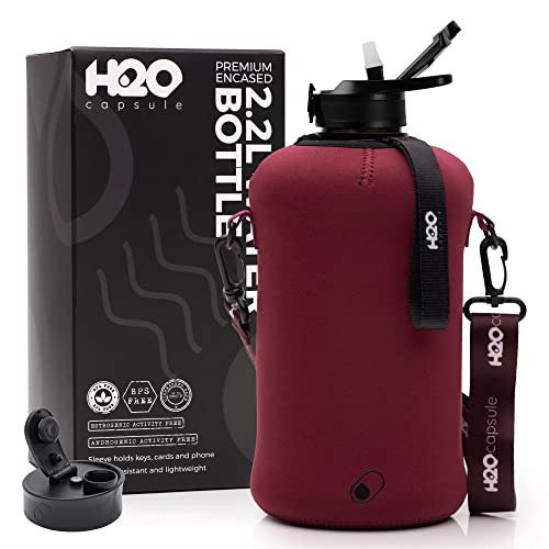H2O Capsule 2.2L Half Gallon Water Bottle with Storage Sleeve and Covered Straw Lid – BPA Free Large Reusable Drink Container with Handle - Big Sports Jug, 2.2 Liter (74 Ounce) Maroon