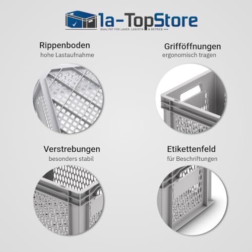 1a-TopStore Eurobox Stapel- und Transportkasten, durchbrochen, perforiert, offene Griffe, verschiedene Größen (40x30x24 cm)