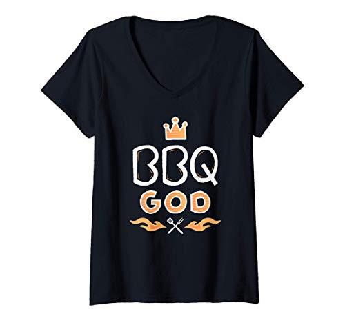 Mujer BBQ GOD Proud Grill Dad Father Master Grilling Quote Funny Camiseta Cuello V