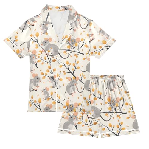 ALAZA Mouse Leaf Tree Animal Satin Pajamas Set Short Sleeve Button Down Sleepwear Summer Pjs 2 Piece