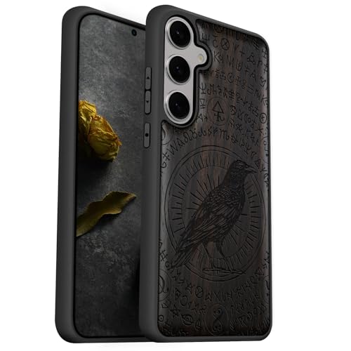 Coque Galaxy S25 Plus en bois de corbeau gravé avec antichoc TPU noir de haute qualité