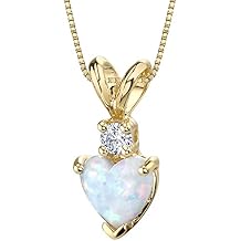 PEORA 14K Yellow Gold Created White Opal and Genuine Diamond Pendant for Women, Heart Shape Solitaire, 6mm, October Birthstone Necklace, Fire Opal Necklace, For Jewelry Gift & Everyday Wear