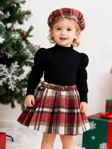 Image of Toddler Girl Outfits Puff Sleeve Ribbed Shirt Knitted Tops Pleated Plaid Skirt Set with Hat 3Pcs Fall Winter Clothes