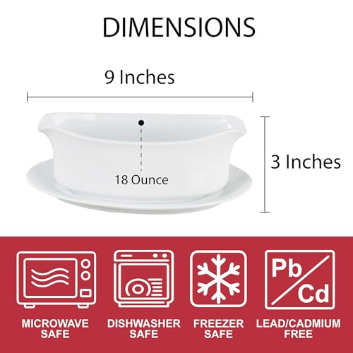 Image of HIC Kitchen Gravy Boat With Attached Saucer, Fine Porcelain, 18-Ounce Capacity For Gravy, Sauce, Au Jus, Dressing, Holiday Meals, And Entertaining