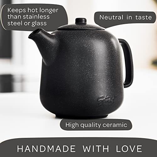 Image of Steinzeit Design Tea Pot (44 oz) - Premium Ceramic Teapot with Infuser for Loose Tea - Black Teapot Ceramic with Removable Strainer