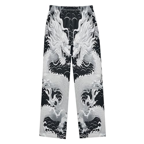 Pajama Pants White Chinese Dragon Long Sleep Pants Lounge Bottoms