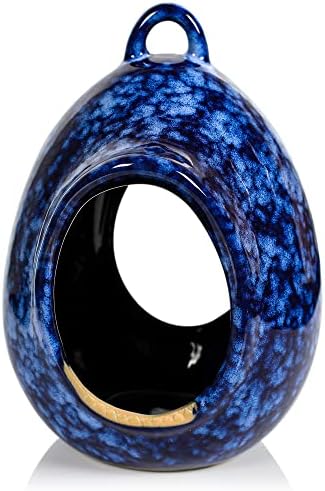 Byer of Maine Egg Fly Through Bird Feeder for Outside , Easy to Refill , High Fired Porcelain Stoneware with Glossy Glaze, 2lbs, Mottled Blue, 8”x6”x7”