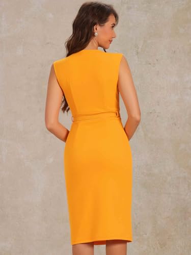 Image of Allegra K Business Dress for Women's Pencil Sheath Work Dress | V Neck Knee-Length Sleeveless Dress With Belted
