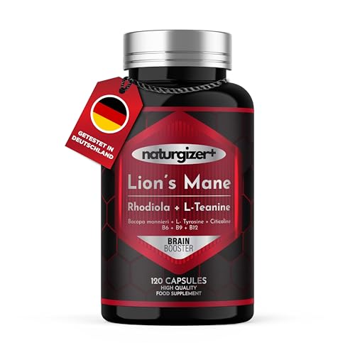 Löwenmähne Nootropikum ohne Koffein | Fokus & Mentale Klarheit | mit L-Theanin, Rhodiola, Bacopa, L-Tyrosin und Citicolin | Vitamine B6, B9 & B12 | 120 vegane Kapseln | Hohe Reinheit | Naturgizer+