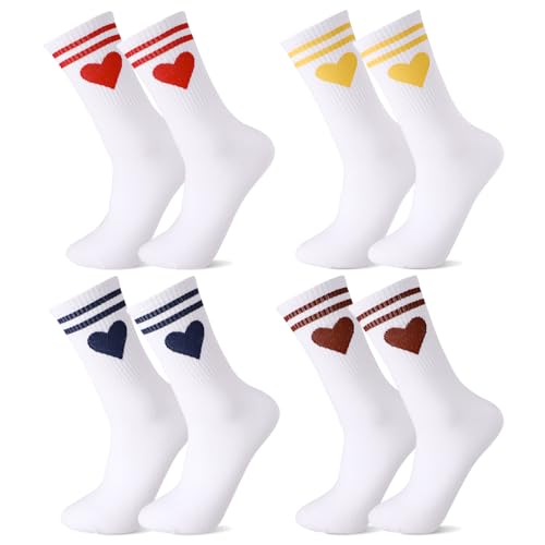 Utensilsto 4 Paar Tennissocken Damen 39-42 Sportsocken mit Streifen Herz Motiv Tennis Socken Damen Laufsocken Atmungsaktiv Baumwollsocken für Sport und Freizeit