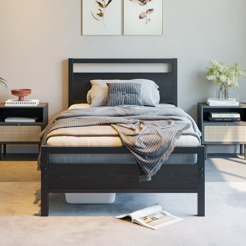 BOFENG Twin Bed Frame with Wood Headboard,Metal Single Platform Bed