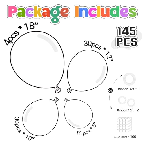 Image of 145pcs White Balloons Different Sizes 18 12 10 5 Inch White Latex Balloon Garland Arch Kit for Birthday Baby Shower Wedding Anniversary Bridal Gender Reveal Graduation Christmas Decorations