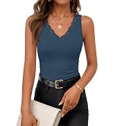 ZESICA Tank Tops for Women Summer Ribbed Knit V Neck Lace Trim