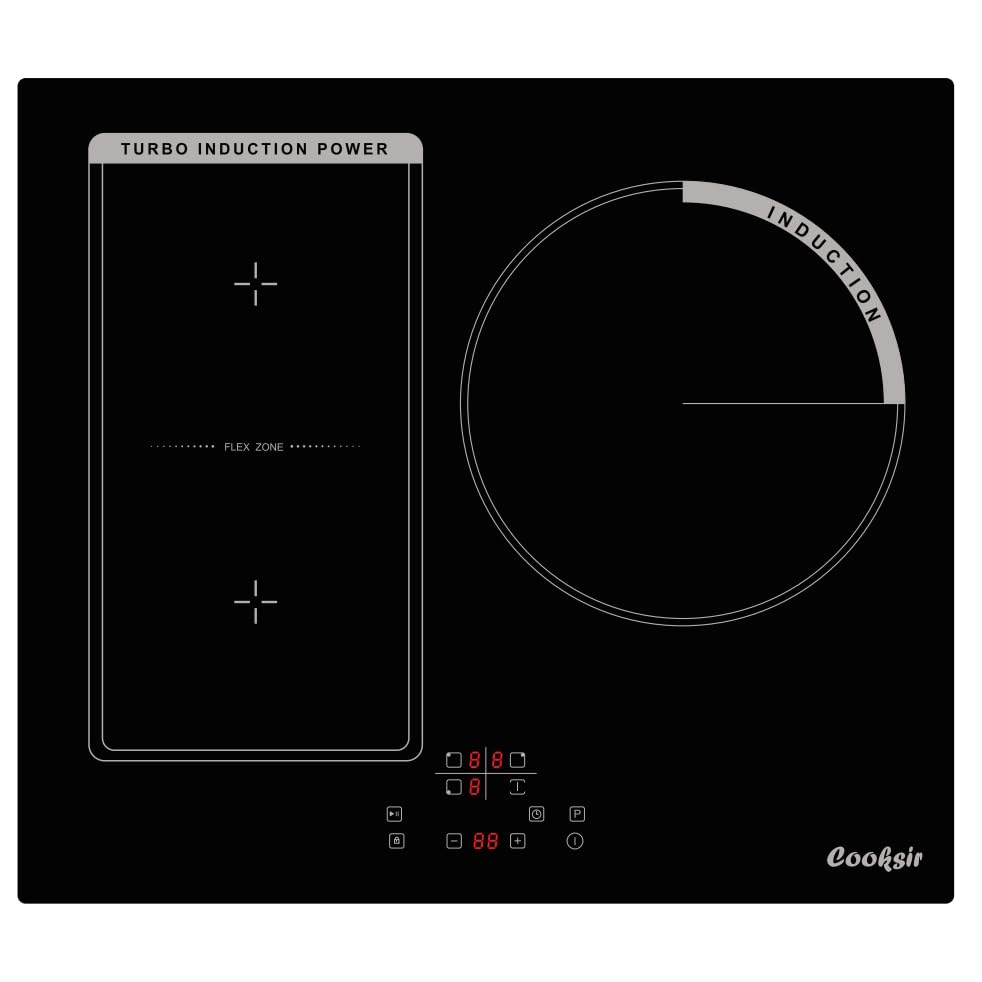 Placa de inducción 3 placas con marco, Cooksir Autark Flexzone, 6800 W, control táctil individual, función Boost, temporizador, 230 V, sin enchufe