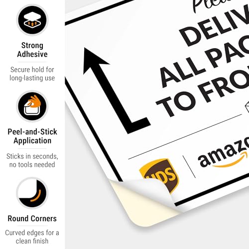 Image of Package Delivery Sign, Delivery Instructions Deliver All Package to Front Door Up Arrow Sign, 10x7 Inches, 4 Mil Vinyl Decal Stickers Weather Resistant, Made in USA