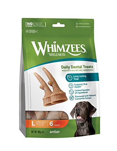 WHIMZEES Antler, geweihförmiger Hundesnack für große Hunde, Größe L, 6 Stück, wirkt beruhigend, ohne Zuckerzusatz, getreidefrei, natürlich, fettarm
