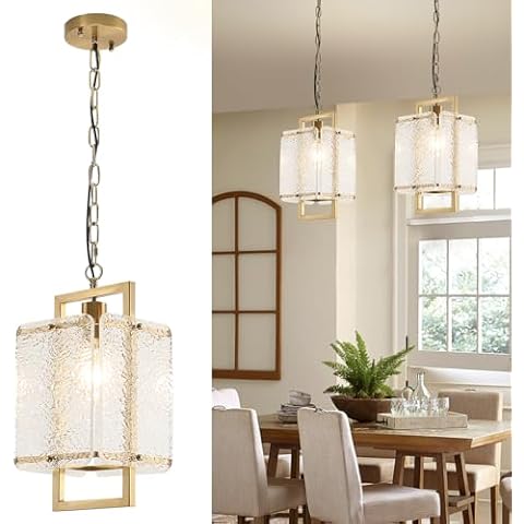 ECOBRT Brushed Gold Crystal Chandelier for Kitchen Island, Luxury Water Ripple Glass Ceiling Light Fixture, Modern Elegant Adjustable Lamps for Living Room Dining Room Bedroom, E26 Bulb, 13.8 Inch Cover