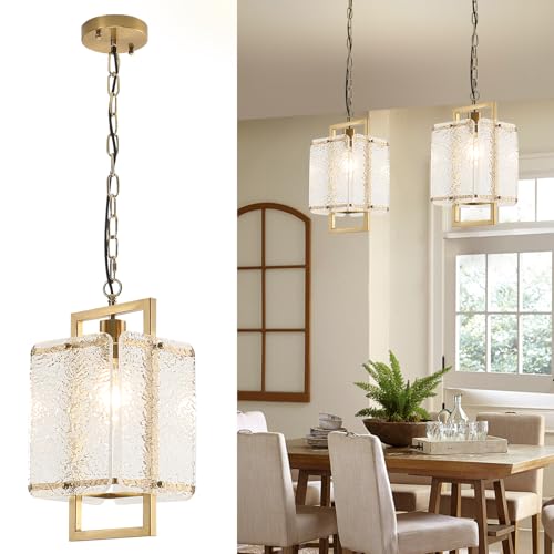 Modern Chandelier, 13.8 Inch Kitchen Island Lighting, Brushed Gold Crystal Ceiling Fixture with Water Ripple Glass Shades, Adjustable Chain for Dining Room Living Room Bedroom, E26 Base 1-Li