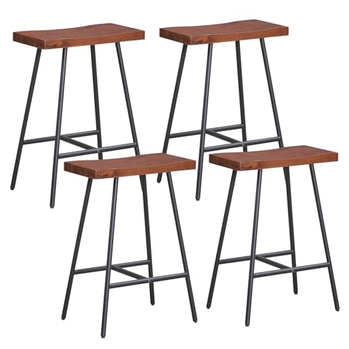 COSTWAY Industrial Bar Stools, 24-inch Backless Counter Height Saddle Stools with Footrest, Metal Legs, Adjustable Foot Pads, Barstools for Kitchen Island Cafe Restaurant, Walnut+Black (Set of 4)