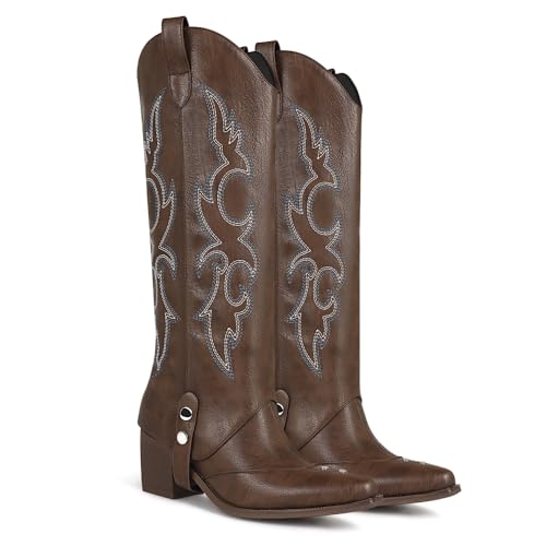 Women's Knee High Boots Pointed Toe Chunky Mid Heel Western Cowboy Boots For Women Wide Calf Riding Boot3