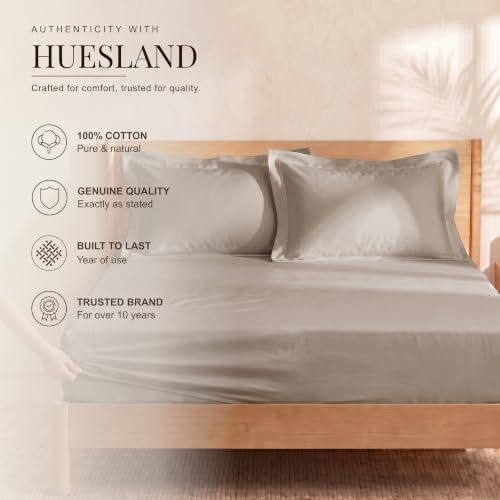 Image of Huesland 300 TC Premium 100% Pure Cotton Luxe Soft Touch Fitted Single Size Bedsheet Cotton with 2 Pillow Covers | Dessert Taupe | 36 x 78 Inches