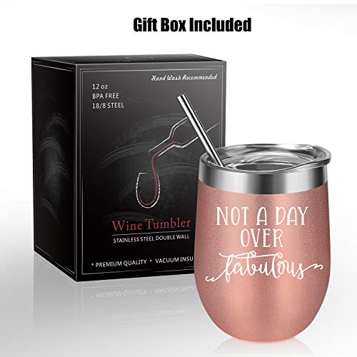 Not a Day Over Fabulous - Funny Birthday Wine Gifts Ideas for Women, Wife, Mom, Mother in Law, Daughter, Sister, Aunt, Best Friends, BFF, Coworker, Her - Coolife 12oz Insulated Wine Tumbler with Lid