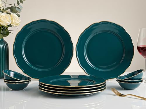 Image of Bodhi House 12-Piece Gold Rim Porcelain Dinner Set | Plates & Bowls Set | Lightweight | Dishwasher Safe | Ideal for Home Dining, Parties & Gifting Tableware Set | Teal