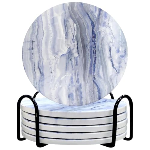Image of TIED TIED RIBBONS Coasters Set of 6, 4 Inch Marble Ceramic Drink Coasters with Holder and Cork Base, Absorbent Table Coasters for Coffee Table, Bar, Office, Housewarming Gifts (White and Blue Marble)
