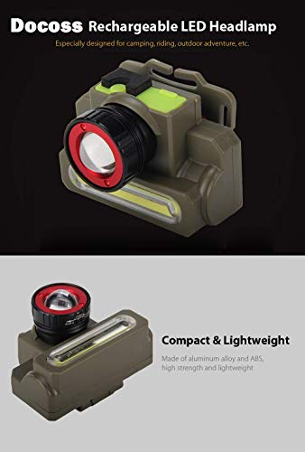 Image of DOCOSS 2 in 1 Zoomable Military Rechargeable LED Head Torch Ultra Bright Water Resistant Cree USB Rechargable Head lamp Headlight for Camping Cycling Trekking(Green, ABS)