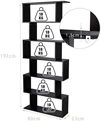 TANGZON S-Shaped Display Bookshelf, 5/6 Tiers Freestanding Storage Shelf, Geometric Unit Organiser Bookcase for Living Room, Office, Bedroom and Study Room (Black, 80 x 23 x 192cm)
