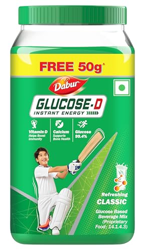 Dabur Glucose-D Instant Energy Drink Powder - 500gm| Enriched with Vitamin D & Calcium | 99.4% Glucose Quick Energy Replenishment Formula | Easy to Mix Refreshing Drink
