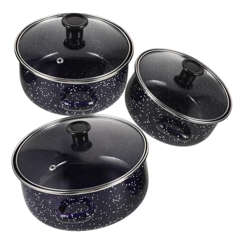 PAMINGONO Juego de Utensilios de Cocina Esmaltados Azul, Mini Olla de Esmalte con Doble Asa y Fondo Plano, Batería de Cocina 3 Piezas para Sopa, Fideos Instantáneos y Estufa