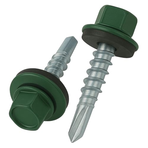 4.8 mm x 35 mm Vis de toiture, tête hexagonale autoperceuse colorée (RAL 6005 Vert mousse) vis de toit avec rondelle scellée en EPDM, vis à gros filets trempés...