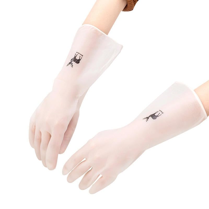 Image of Reusable Rubber Latex PVC Flock lined Long Sleeves elbow length Hand Gloves for Kitchen Dish-Washing, Cleaning, Gardening, Laundry and Sanitation and Lab Work (White)