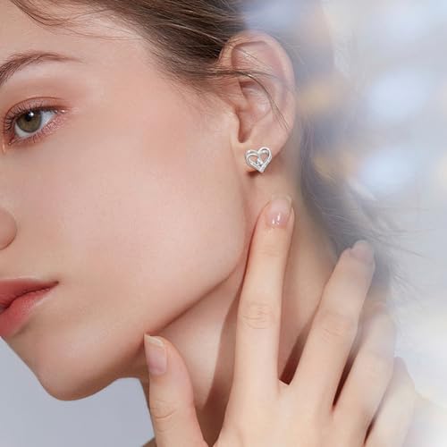 Sterling Silver Heart Stud Earrings - Double Heart Shaped with Cubic Zirconia, Hypoallergenic for Sensitive Ears - Perfect Valentine's Day Gifts3