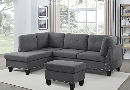 BEEY Modular Sectional Sofa Couch with Reversible Chaise, 3-Seat L Shaped Sectional Couch with Ottoman for Living Room, Left Facing Couch, Dark Grey