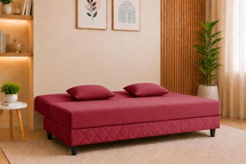 Image of Deco Studio 3 Seater Sofa Bed | Premium Upholstered Velvet Fabric Folding Couch for Living Room, Guest Room & Bedroom | Quilted Backrest with 2 Cushions (Red)