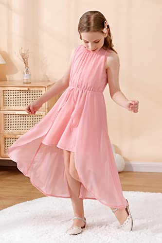 GORLYA Girls Sleeveless Ruffle Neck Hi-Lo Hem Overlay Formal Occasin Chiffon Long Party Dress 4-14T4