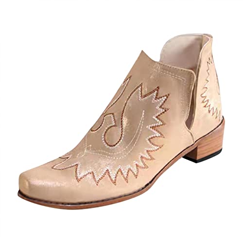 Hbeylia Western Cowgirl Cowboy Boots For Women Ladies Ethnic Boho Vintage Leather Round Toe Chunky Block Mid Heels Slip On Ankle Booties Casual V Cut Dress Short Boots For Christmas Party Decoration4