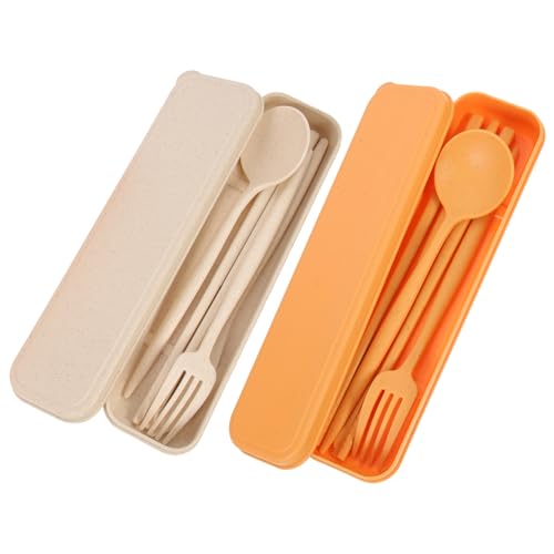MUCKLILY 2Sets Portable Travel Compact Outdoor Cutlery with Storage Box Includes Knife Fork Spoon Chopsticks for Lunch Box Camping Travel
