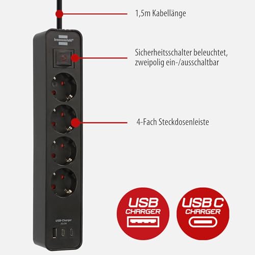 Brennenstuhl Ecolor Steckdosenleiste 4-Fach mit 3 USB-Ladebuchsen (Mehrfachsteckdose mit 2X USB C PD 20W und 1x USB A, Schalter und 1,5m Kabel) schwarz