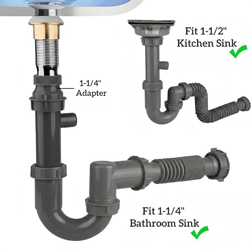 Universal 1-1/4\" & 1-1/2\" P Trap Drain Kit, Flexible PP U-Bend Plumbing Pipe for Bathroom Sink & Kitchen, Heat Resistant Drain Replacement with Extension Tube & Adapter