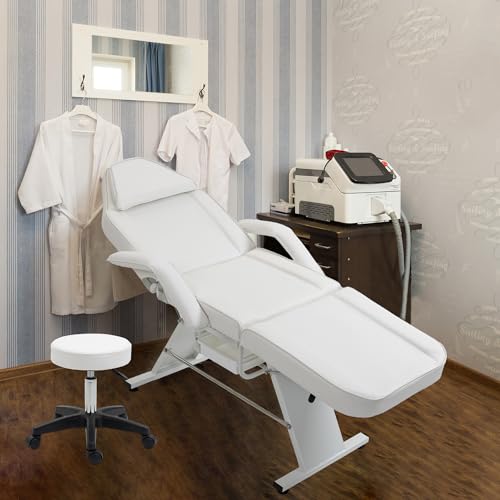 Massage-Salon-Tattoo-Chair-with-Two-Trays-and-Hydraulic-Stool-Esthetician-Bed-Adjustable-3-Section-Facial-Table-Barber-Spa-Beauty-Equipment-White