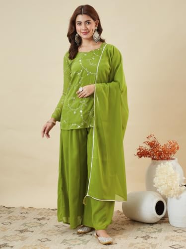 Image of MOKOSH Women's Georgette Short Kurti Palazzo with Dupatta | Short Kurti Set |Ethnic Kurta Set for Women | Sweetheart Neck Full Sleeve | Indian Kurta Outfit With Palazzo Pants