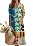 Epanus Womens Color-Block Geometric Printed Maxi Dress Long Sleeve V-Neck Loose-Fit Dress Trendy Spring Vacation Outfit