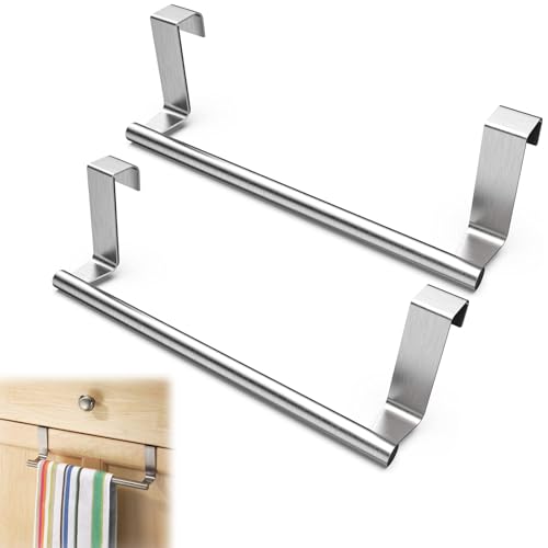 2 PCS Over Door Towel Rail Silver Towel Holder Kitchen Towel Rail No Drilling for Kitchen Bathroom Anti Slip Scratch Protecting Stripe for Cupboard Drawer Cabinet Kitchen and Bathroom (23cm)