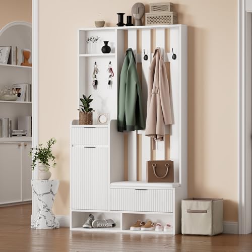 Merax Garderobenset Wandgarderobe, Kompaktgarderobe, Modern Flurgarderoben Set mit Schuhbank, 2 Schubladen, Türen, Wandpaneelen, Stylishe Garderobenständer für Flur Eingangsbereich, Flurmöbel, Weiß