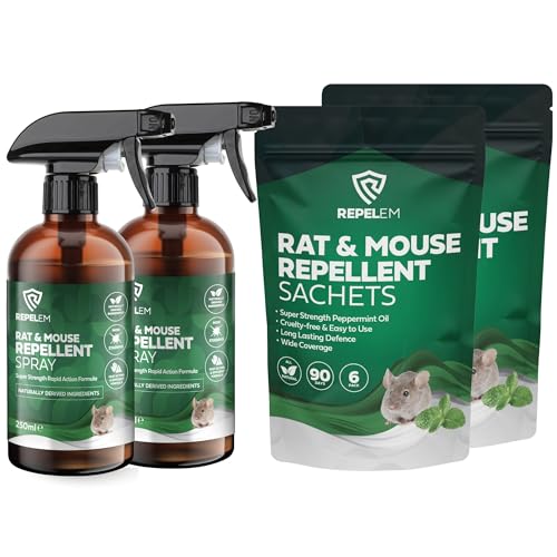 REPELEM Rat & Mouse Repellent Peppermint Oil Sachets - Natural Mice Repellent & Rat Deterrent for Homes, Cars & Caravans, Long-Lasting Cruelty-Free Rat Poison (12 Sachets & 2 Repellent Sprays) option